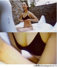 菜々緒が下乳露出の大胆水着、谷間アップのサービスカット入り動画。