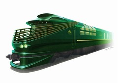 姿現したTWILIGHT EXPRESS 瑞風、ボンネット型を彷彿させる車体形状。