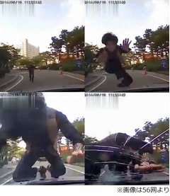 絶対に避けられない当たり屋、車に突進して頭突きでフロントガラス粉砕。