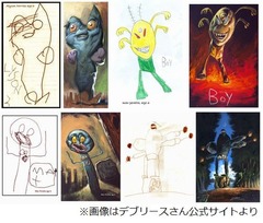 子どもの落書きをアート作品に、自らの技術を加えて世界観広げる男性。