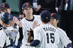 チームメートを迎える大谷　野球