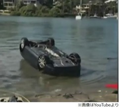 突然落ちてきた巨大クモ、驚いて車ごと海転落