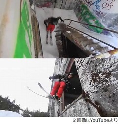 スリル満点&ldquo;廃ビル&rdquo;でスキー、元プロならではの華麗な滑走披露。
