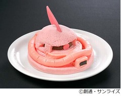 シャアザクのヘッド型ケーキ、シャア専用プレートや専用フォーク付属。