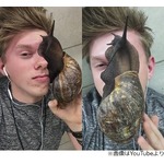 巨大カタツムリを顔に這わせる少年