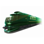 姿現したTWILIGHT EXPRESS 瑞風、ボンネット型を彷彿させる車体形状。