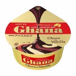 赤い「ガーナ」のカップアイス、2つのアイスとソースで濃厚な味わいに。