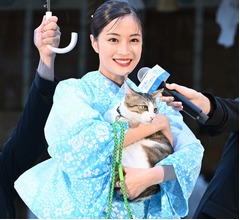 広瀬すず、雨の中“艶やか”浴衣姿…サプライズ登場の猫にデレデレ