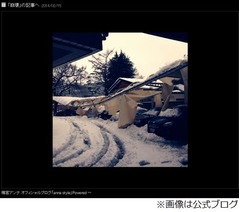 雪で梅宮アンナの車庫が崩壊、屋根支えるパイプがぐにゃりと曲がる。