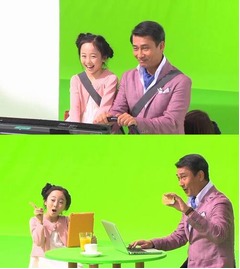 中井貴一がスキップに照れ照れ、本田望結&カッパ&たぬきとのCMで。