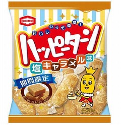 ハッピーターンに塩キャラメル、生地にキャラメルの味がけを2度行う。