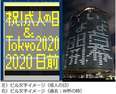 電通本社ビルに「祝!成人の日」、ブラインドの開閉で文字描き出す。