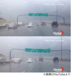 暴風雨で標識がゆっさゆっさ、高速道路走行中に撮影された驚きの映像。