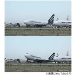 暴風で地上の飛行機ユサユサ、何度も繰り返し機首を持ち上げられる。